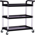 Plastic Utility Carts with Wheels, Heavy Duty 510lbs Capacity Rolling Service Cart, 3-Tier Restaurant Food Cart with Hammer for Office, Warehouse, Garage (Lockable Wheels, Black)