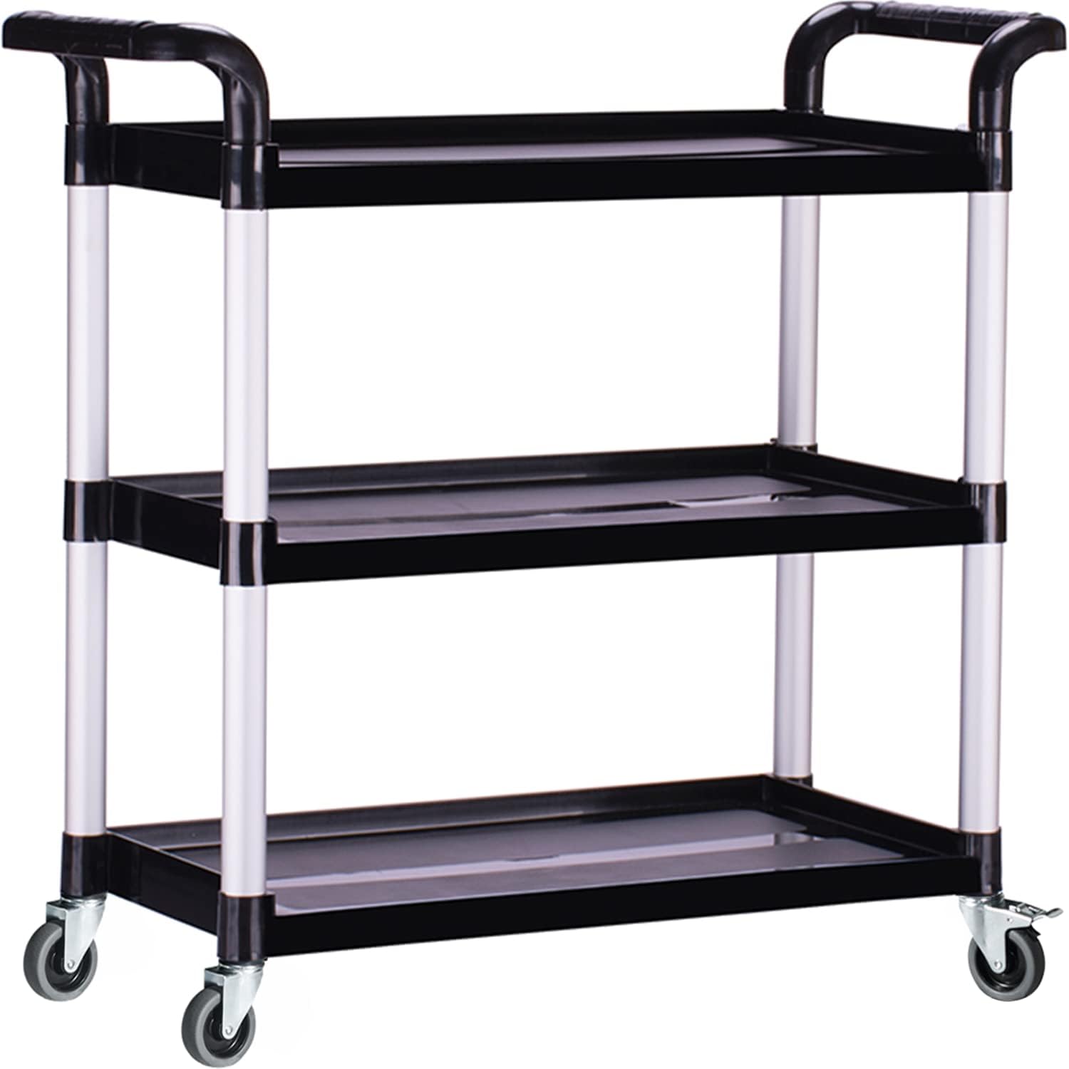 Plastic Utility Carts with Wheels, Heavy Duty 510lbs Capacity Rolling Service Cart, 3-Tier Restaurant Food Cart with Hammer for Office, Warehouse, Garage (Lockable Wheels, Black)
