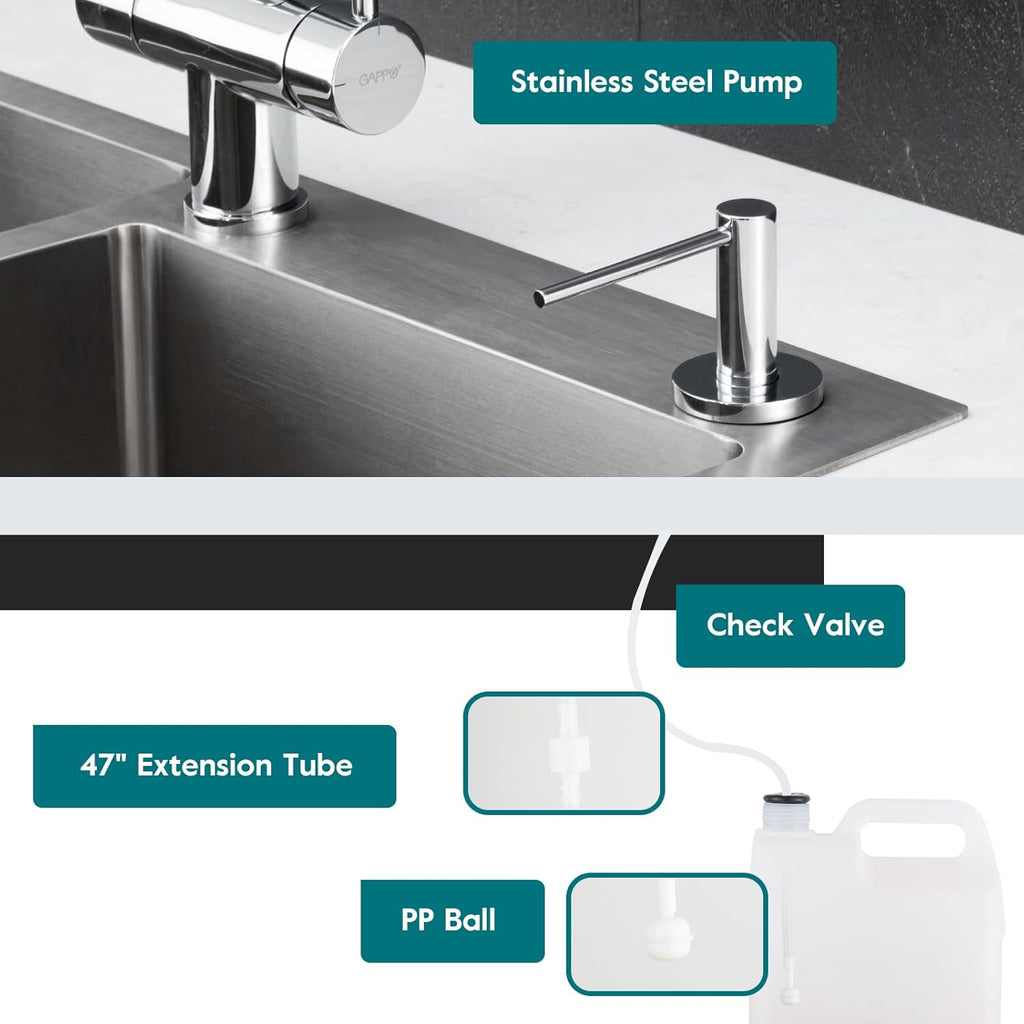 Gappo Soap Dispenser for Kitchen Sink Polished Chrome, Stainless Steel Countertop Pump, Built in Sink Soap Dispenser with 47" Extension Tube kit