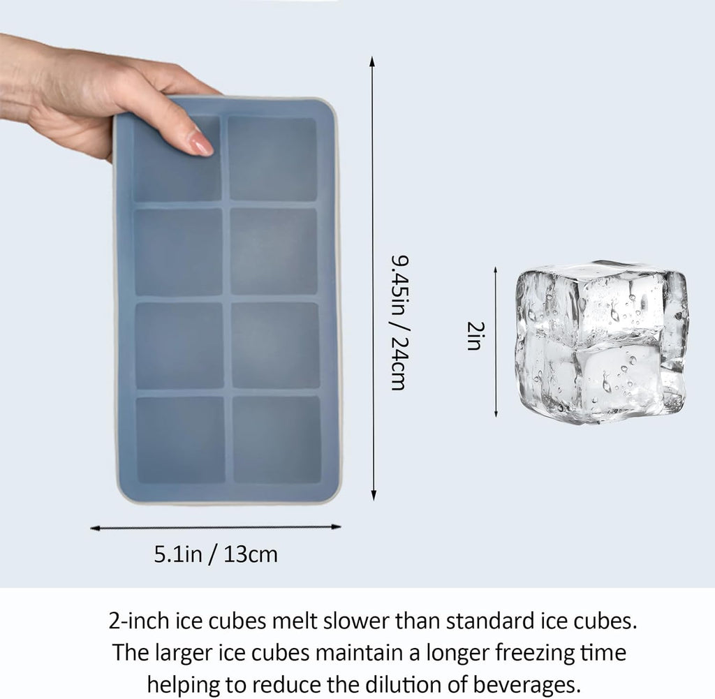 2 Pack Silicone 2 Inch Large Ice Cube Molds for Cocktails Wine Fruit and Bourbon Whiskey Easy Release Ice Cube Tray with Lid Ideal for Cold Drinks and Entertaining Gatherings (Ocean Blue)