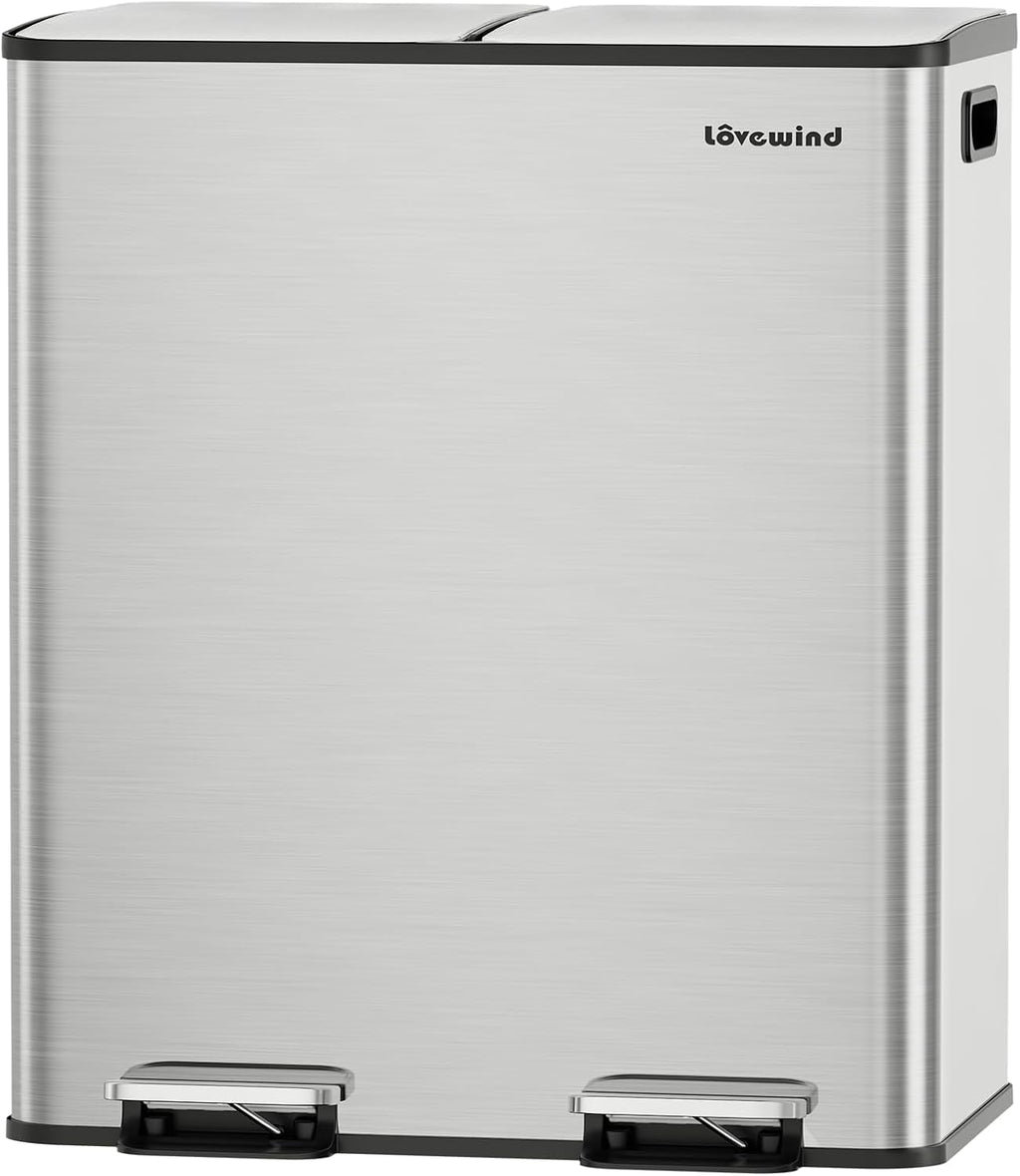 Lovewind Kitchen Trash Can, 2 x 8 Gallon (2 x 30 L) Stainless Steel Trash and Recycle Bin Combo with Soft-Close Lid, Dual Compartment Recycling Kitchen Step Trash Bin, Silver