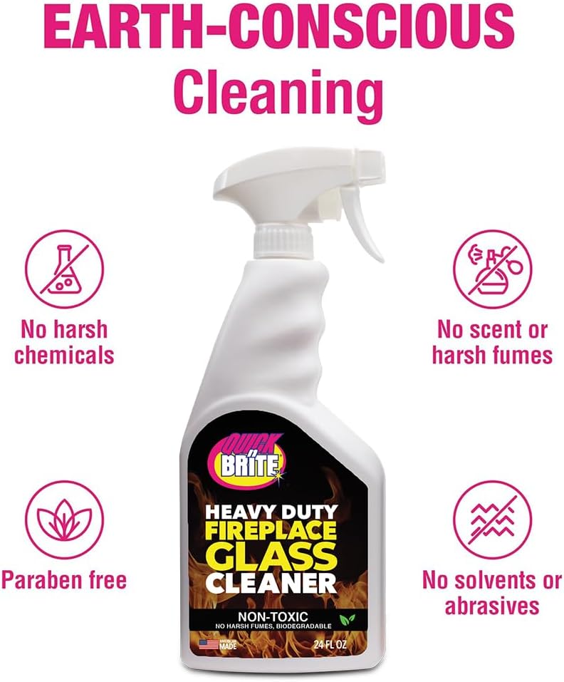 Quick N Brite Fireplace Glass Cleaner 24oz, Nonabrasive Cleaning Spray for Fireplace Glass, Oven Glass, Glass Cooktops, Ceramic-Glass, Microwave Glass