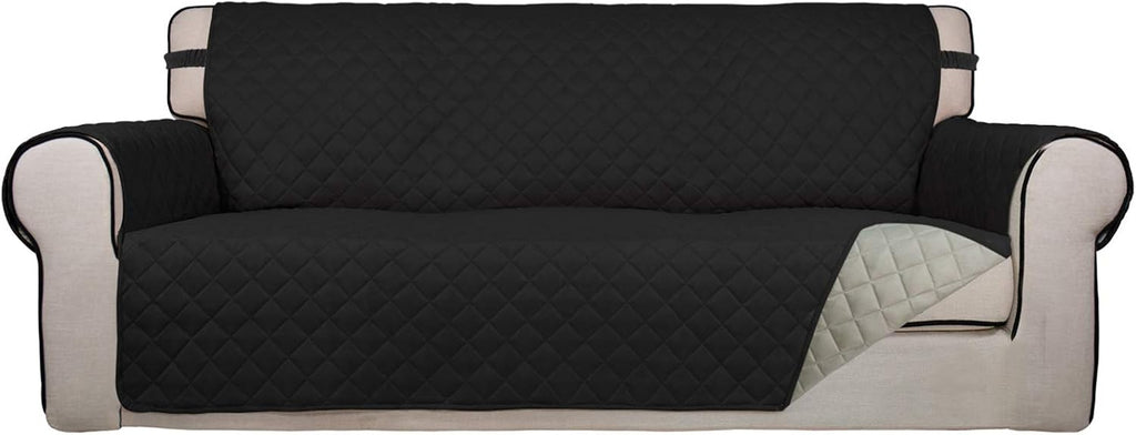 PureFit Reversible Quilted Sofa Cover, Water Resistant Slipcover Furniture Protector, Washable Couch Cover with Non Slip and Elastic Straps for Kids, Dogs, Pets (Oversized Sofa, Black/Beige)