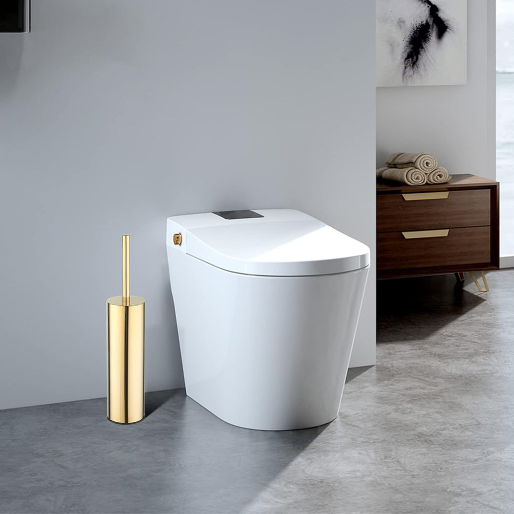 Toilet Brush and Holder Set Gold Stainless Steel, 304 Heavy Duty Round Toilet Brush Set – Rust Resistant, Long Handle, Replacement Heads, Floor Standing Bathroom Toilet Cleaning Brush