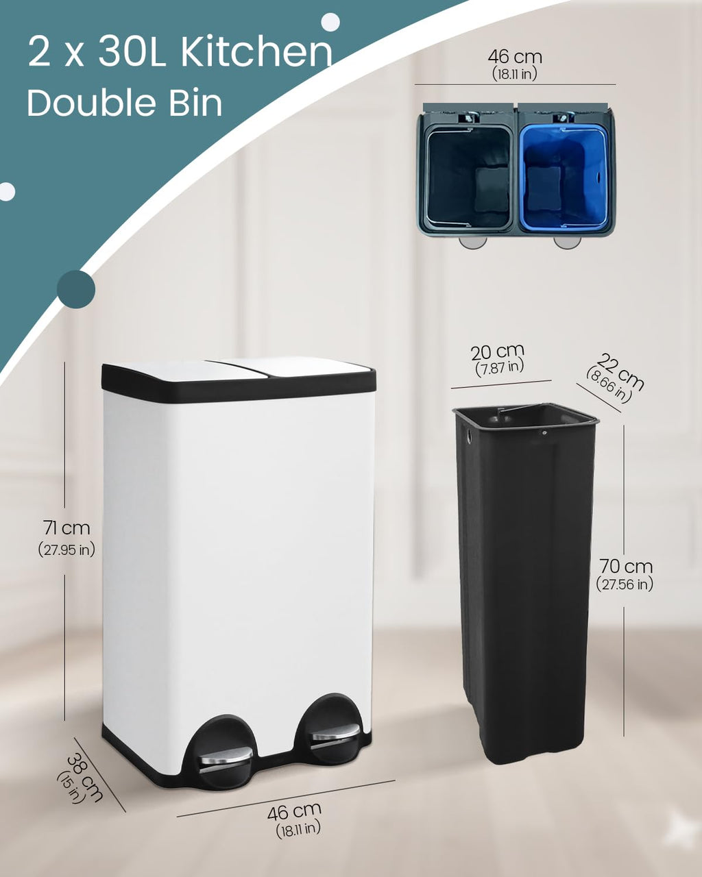 Dual Compartment Stainless Steel Trash Can, 16 Gallon / 60 Liters White Kitchen Garbage Bin with Silent Sealed Lids, Dual Recycling and Trash White for Home & Office