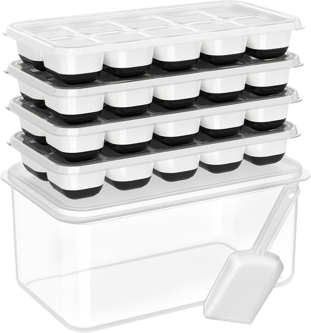 DOQAUS Ice Cube Tray with Lid and Bin, 4 Pack Silicone Plastic Ice Cubes Trays for Freezer with Box/Container, Stackable with Storage Iced Bucket Kits, Scoop, for RV, Soup, Food, Cocktail, Coffee