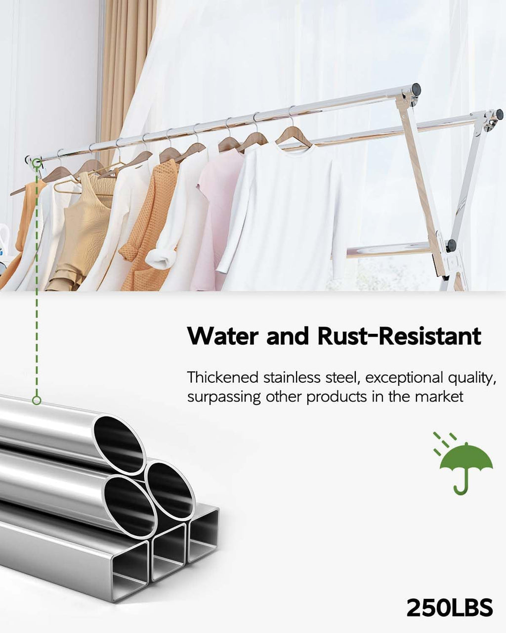 Clothes Drying Rack 95 Inches Folding Outdoor Indoor, Drying Rack Clothing Collapsible, Foldable Laundry Drying Rack, Heavy Duty Stainless Steel Clothesline, 20 Hooks 12 Clips