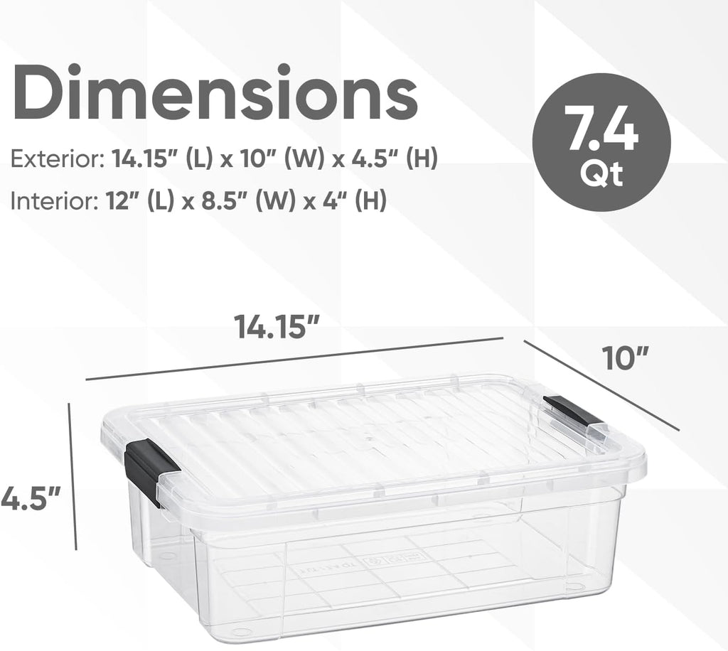 Superio Storage Bins with Lids- 4 Pack, 7.4 Qt Clear Boxes for Organizing, Stackable Plastic Containers- BPA Free, Non-Toxic, Odor Free, Organizer for Home, Office, Dorm
