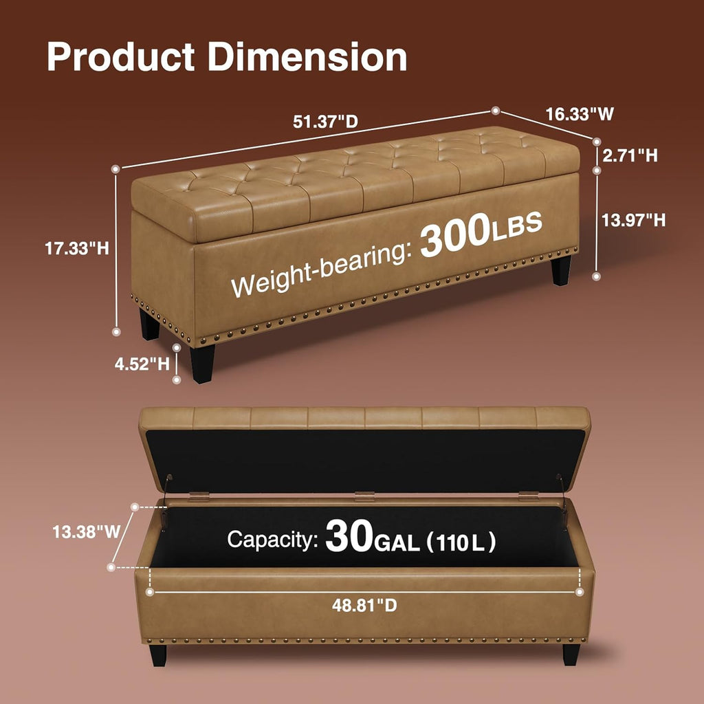 Storage Ottoman Bench, 51-Inch Large Storage Bench for Bedroom End of Bed, 30 Gallons Faux Leather Ottoman for Bedroom, Living Room, Entryway, Hallway, Camel
