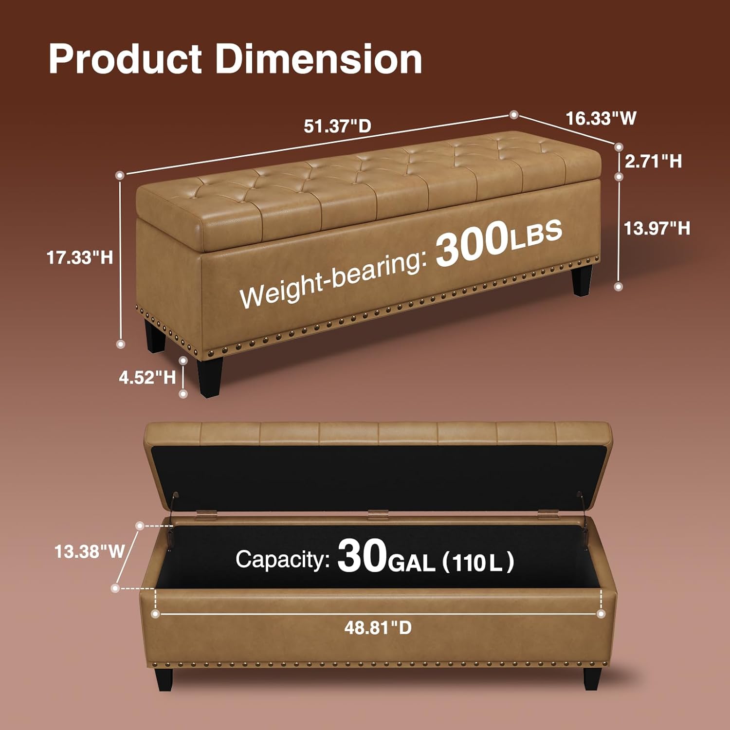 Storage Ottoman Bench, 51-Inch Large Storage Bench for Bedroom End of Bed, 30 Gallons Faux Leather Ottoman for Bedroom, Living Room, Entryway, Hallway, Camel