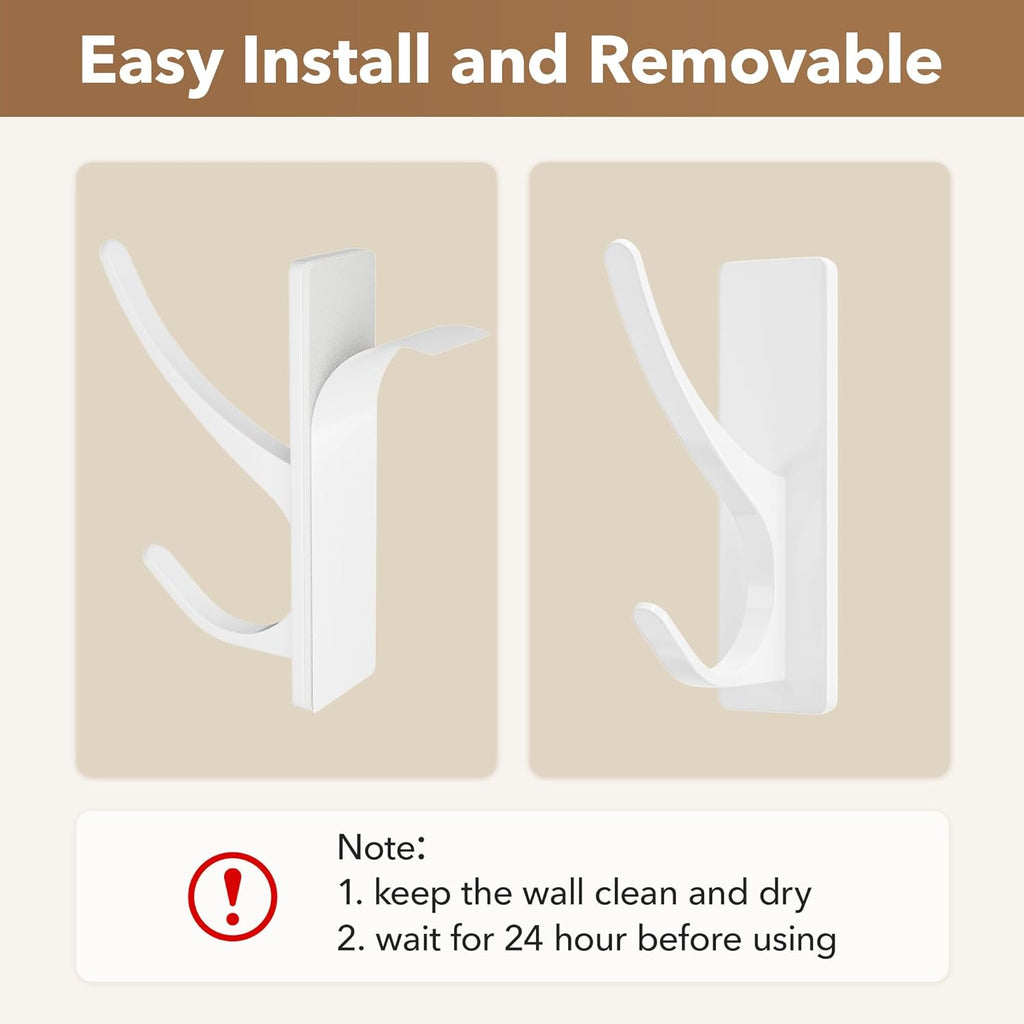 Self Adhesive Coat Hooks for Hanging, Heavy Duty Stainless Double Wall Hook for Towel, Backpack, Hat, Sturdy Metal Hanger for Bathroom, Bedroom, Door, Wall Mounted, 6 Pack, White