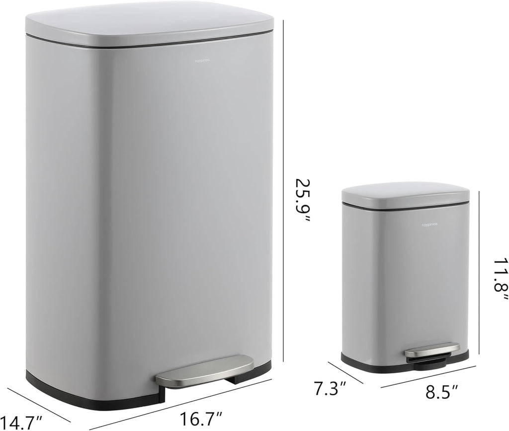 happimess HPM1006I Connor Rectangular 13-Gallon Trash Can with Soft-Close Lid and Free Mini Trash Can, Fingerprint Resistant, Modern, Minimalistic for Home, Kitchen, Office, Bathroom, Fog Gray