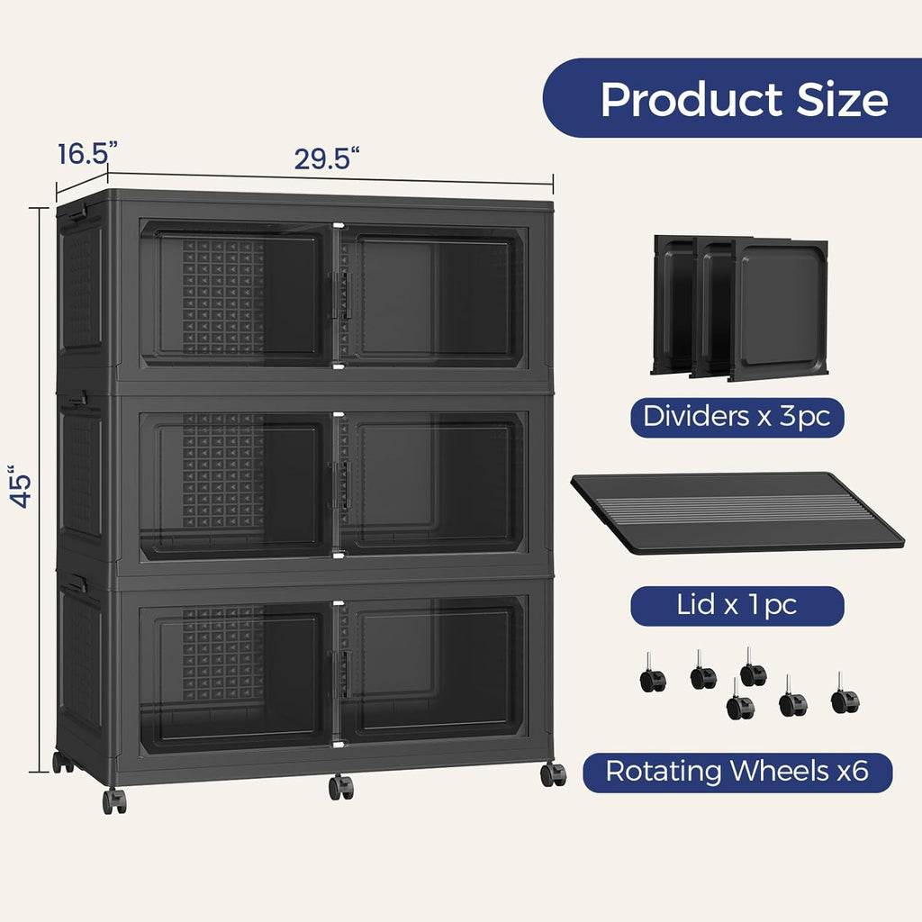 120GAL Extra Large Storage Bins with Lid, 480Qt Stackable Closet Organizers and Drawers, Collapsible Storage Bins with Wheels, Folding Storages Cabinet for Home Bedroom Office, 3Pack Black