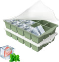 Silicone Ice Cube Tray, 2 Pack Easy-Release Stackable Ice Trays for Freezer with Lid 15 Reusable Cubes, Food Grade BPA Free Ice Molds for Whiskey, Baby Food, Coffee, Cocktail, Drinks (Green)