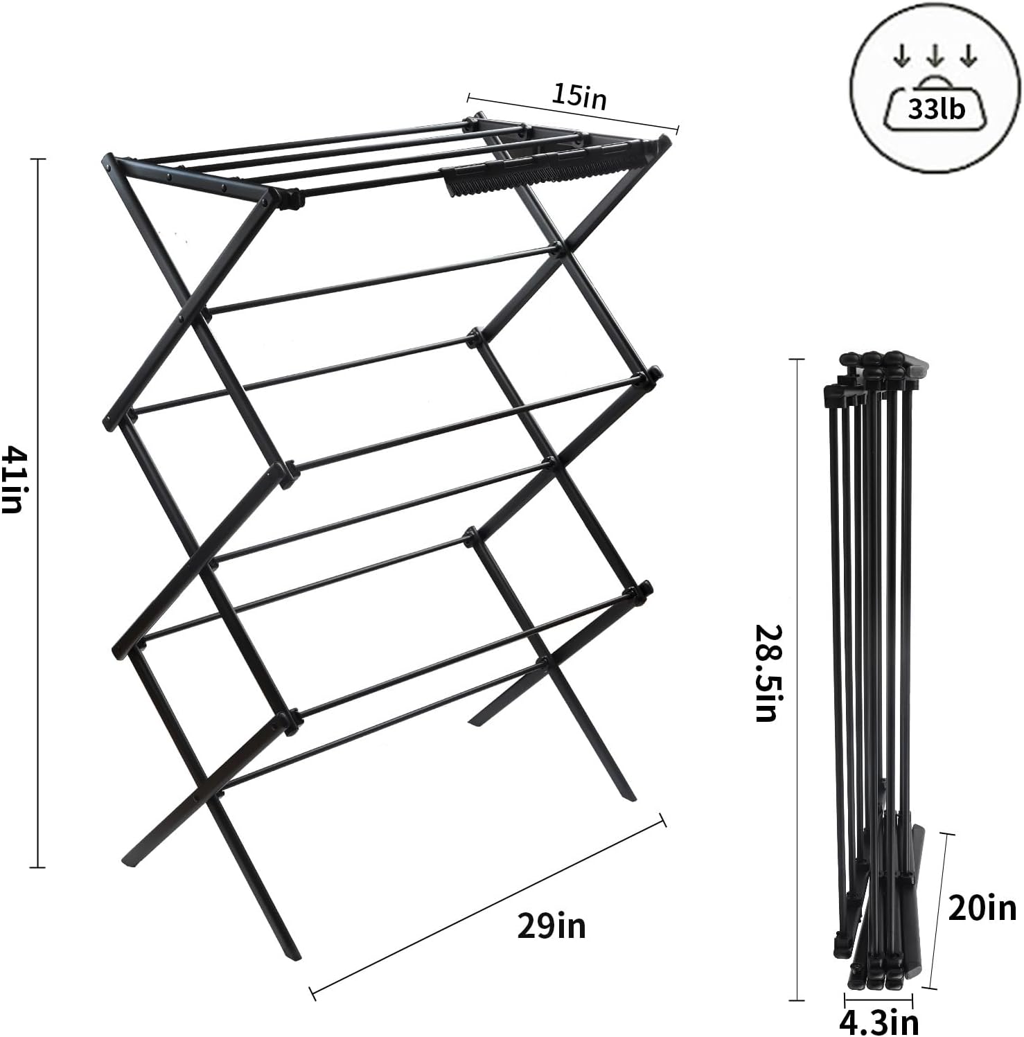 3 Tiers Foldable Clothes Drying Rack, Vertical Laundry Rack Portable and Collapsible for Storage Indoor Outdoor，Piano Black