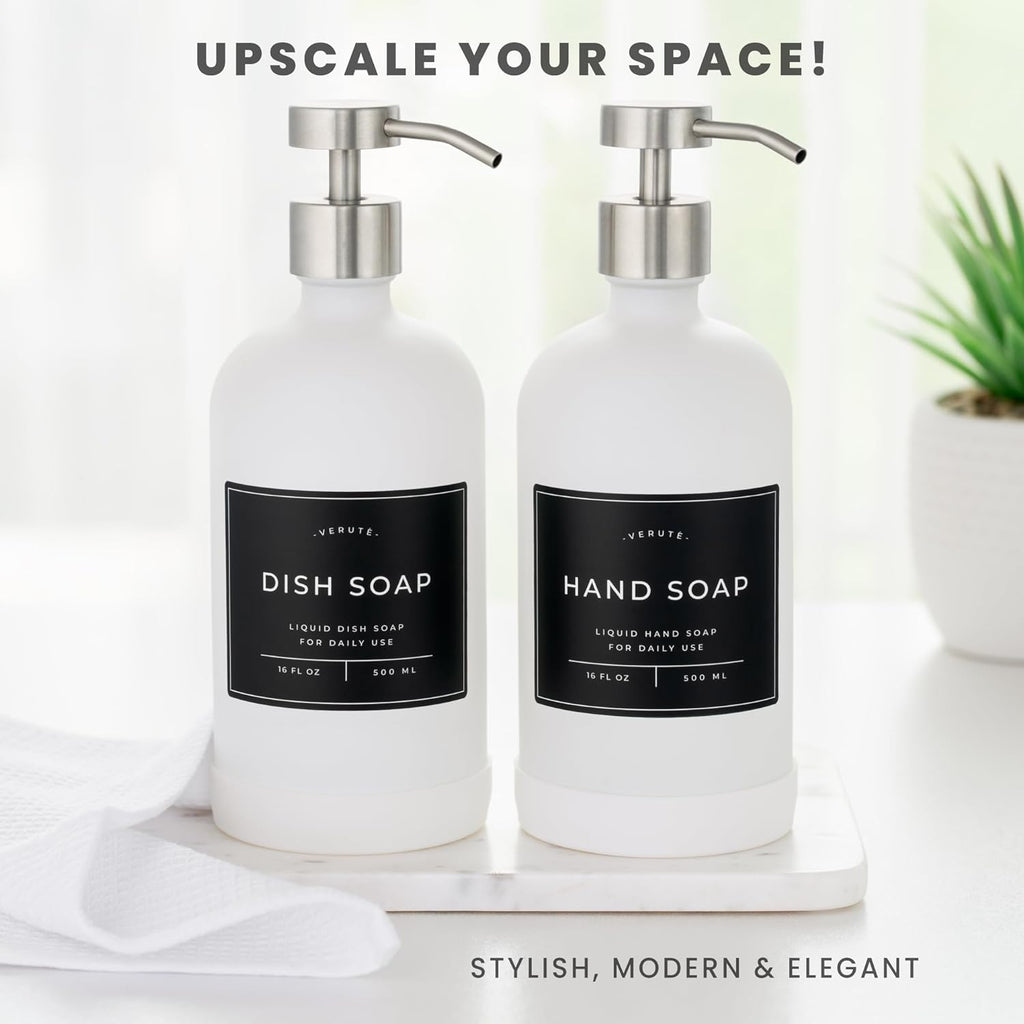 16oz Glass Soap Dispenser with Stainless Steel Pump, 21 Waterproof Labels, Non-Slip Protective Silicone Pad, Set of 2 for Bathroom & Kitchen (Matte White Bottle/Brushed Silver Pump)