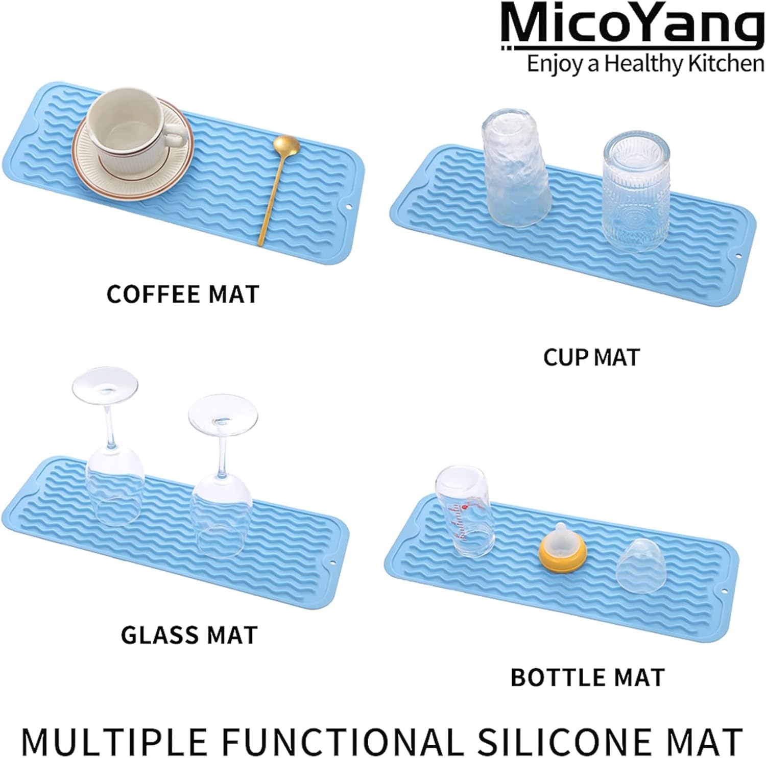 Silicone Dish Drying Mat for Multiple Usage,Easy clean,Eco-friendly,Heat-resistant Silicone Mat for Kitchen Counter,Sink,Bar,Bottle,or Cup Light Blue M 17 inches x 6 inches