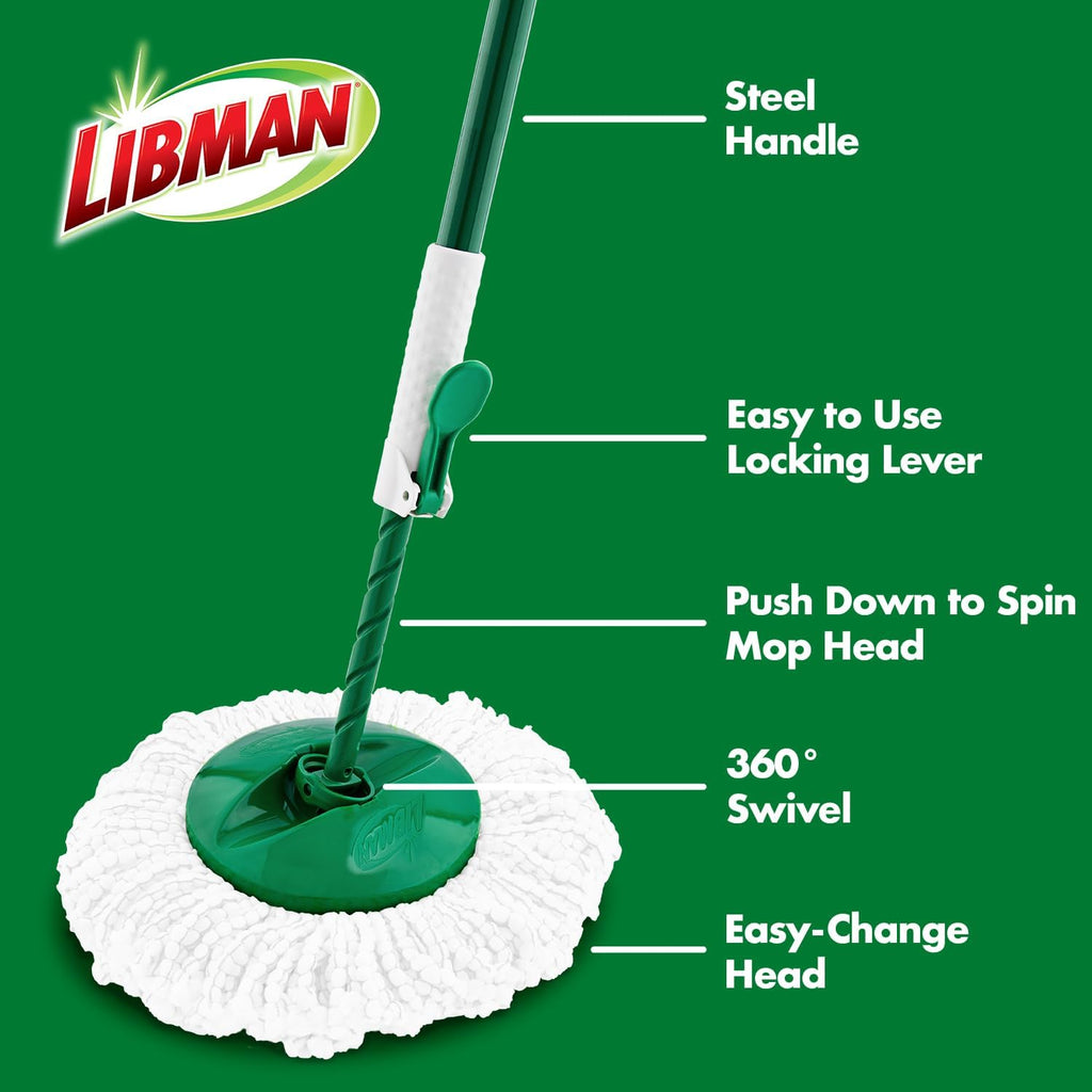Libman Tornado Spin Mop System with 2 Refill Heads, Microfiber Spinning Mop and Bucket with Wringer Set for Home, Floor Cleaning of Hard-Wood, Laminate, Tile, All Surface Cleaner, 3 Total Mop Heads
