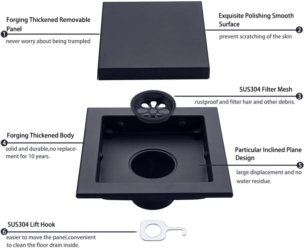 RANDOM Black Shower Drain Square with Removable Tile Insert 6 Inch Drain Cover and Hair Strainer,SUS 304 Stainless Steel Matte Black Shower Floor Drain