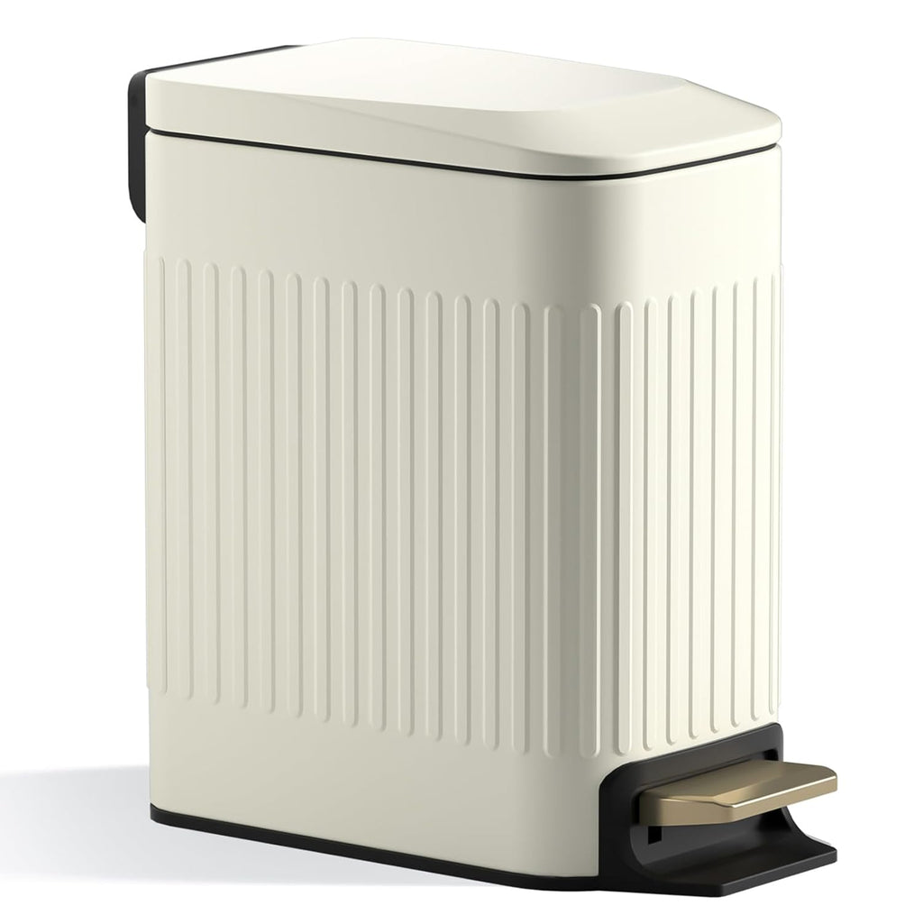 CEROELDA Small Bathroom Trash Can with Lid Soft Close-5L/1.3 Gal Slim Garbage Can-Metal Step Wastebasket-Rectangle Narrow Waste Bin for Office, Bedroom, Toilet, Live Room (Embossed-Beige)