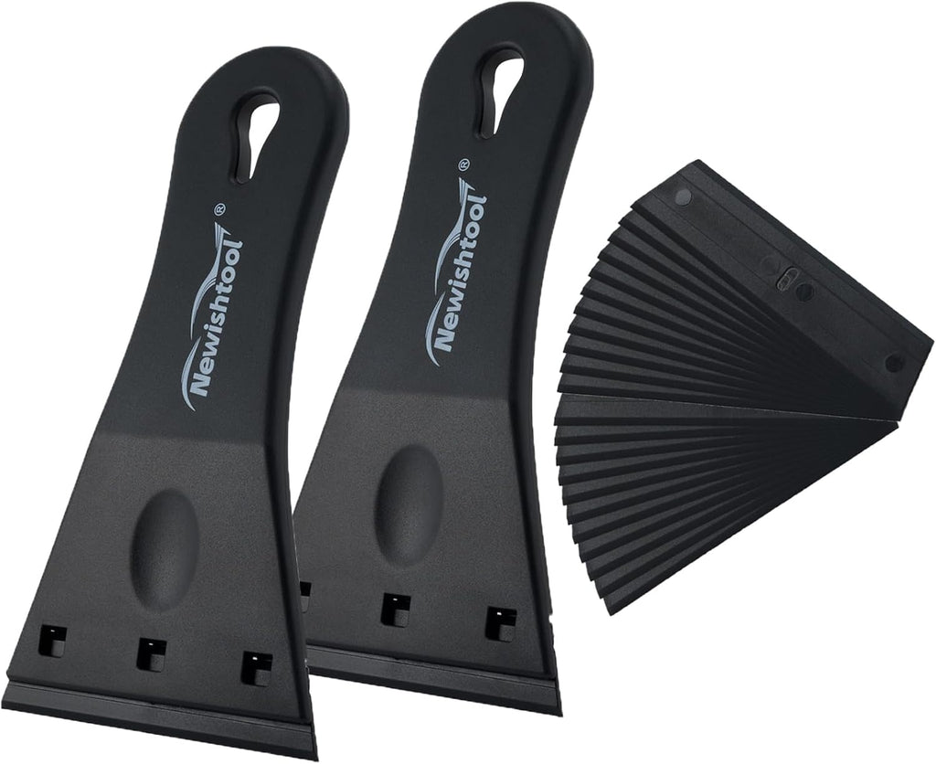 NewishTool Plastic Razor Scraper with 3-Inch Blade, Pack of 2 with 20 Extra Blades for Glue Residue Labels, Decals & Stickers on Windows & Glass