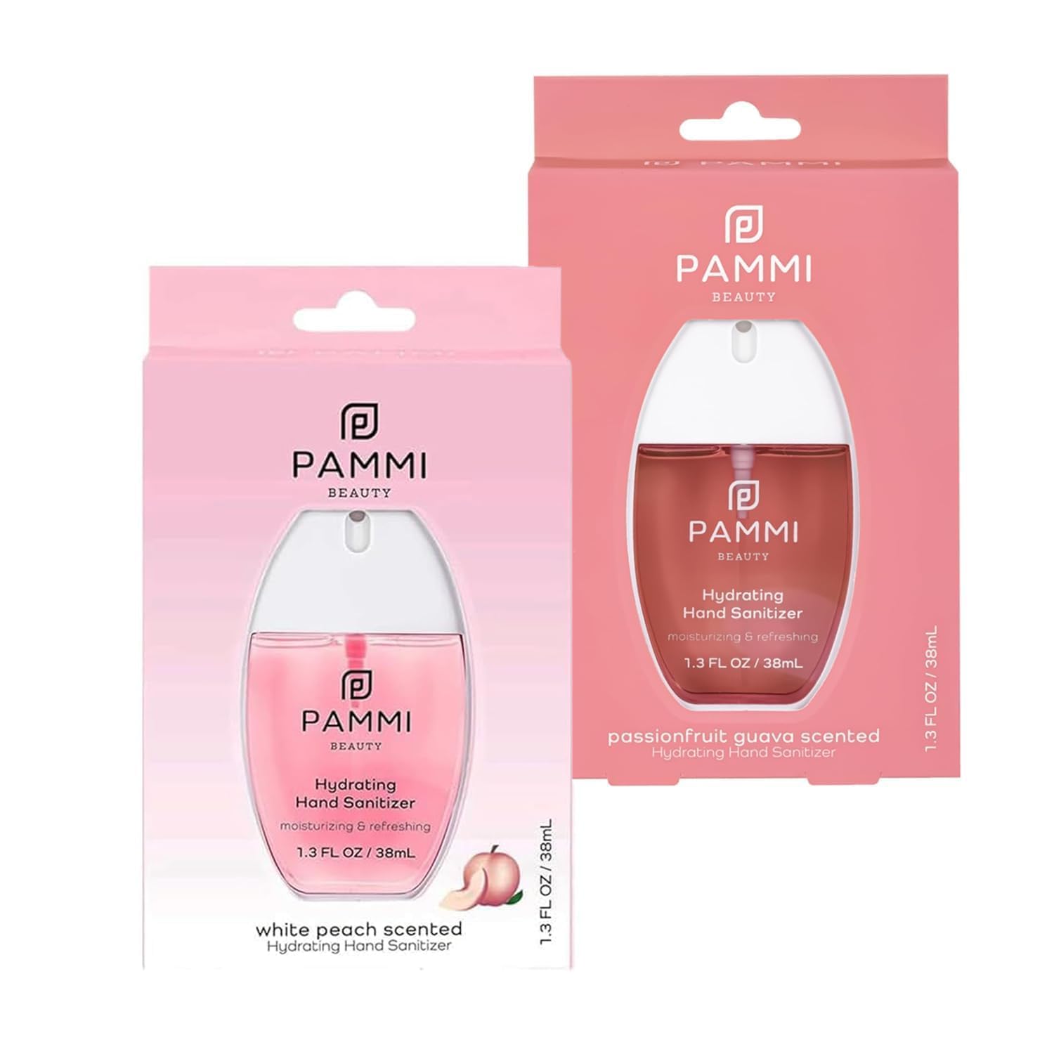 PAMMI Power Mist Hydrating Hand Sanitizer Spray, Portable Travel Size Pocket Hand Sanitizer, Scented Handsanitizer Mini Spray For Car - 600 Sprays (2 Packs (Guava, Peach))
