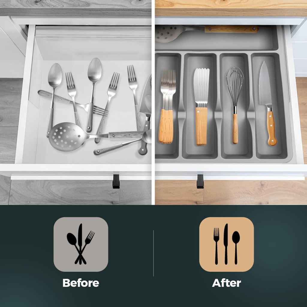 Silicone Silverware Drawer Organizer – Non-Slip Utensil Holder for Kitchen Drawers | Cutlery Tray for Forks, Knives, Spoons & More | Durable, BPA-Free, Easy to Clean – Gray