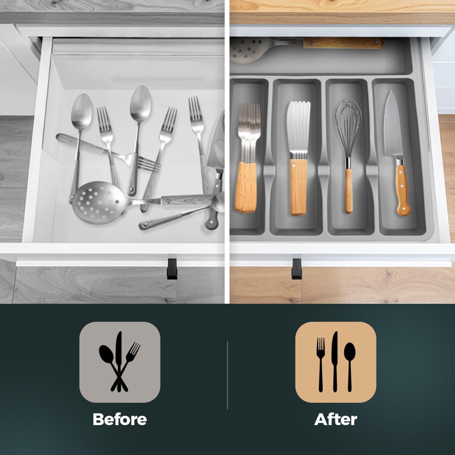 Silicone Silverware Drawer Organizer – Non-Slip Utensil Holder for Kitchen Drawers | Cutlery Tray for Forks, Knives, Spoons & More | Durable, BPA-Free, Easy to Clean – Gray