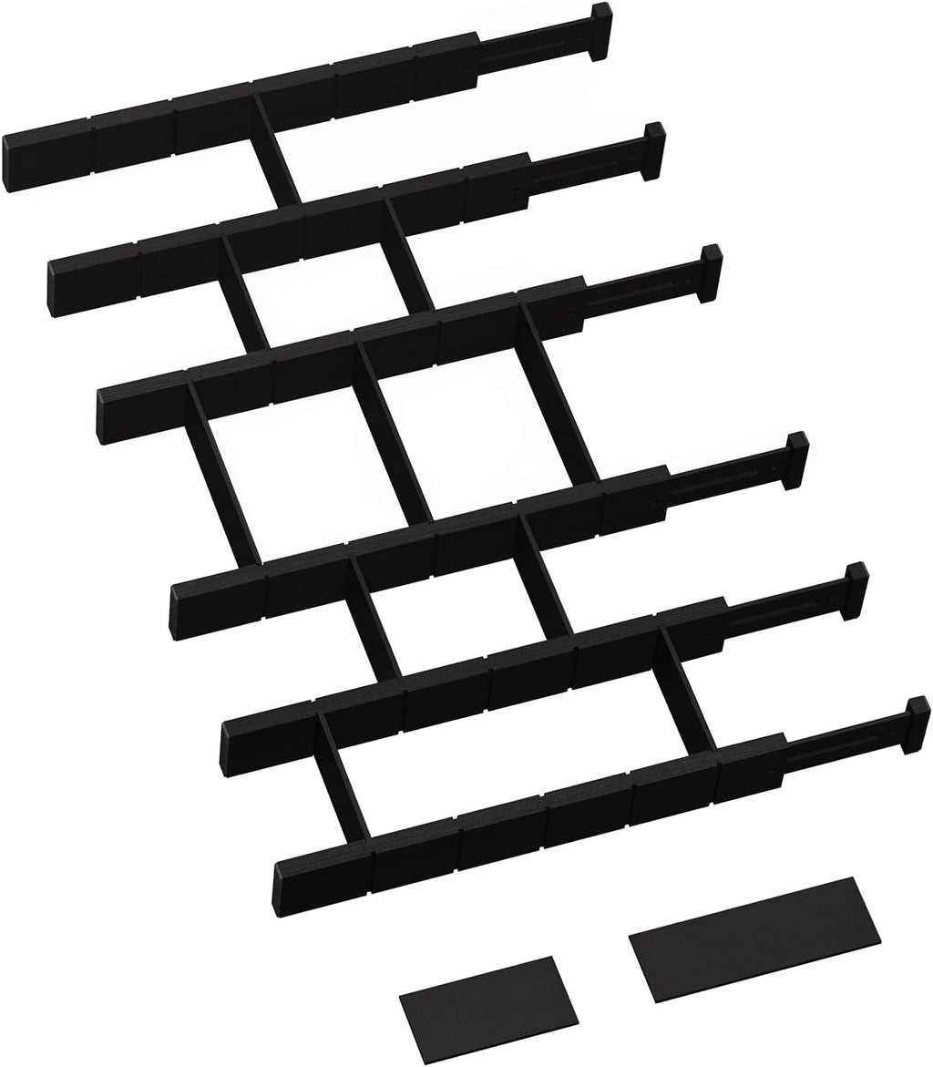 6 Pack Bamboo Drawer Dividers with 12 Inserts, Expandable Adjustable Clothes Drawer Organizers and Storage from 17" to 22" for Kitchen, Bedroom, Dresser, Cosmetics (Black)
