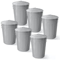 Plexon Round Trash Can 13 Gallon, Vintage Metal Outdoor Trash Can with Lid, Retro Farmhouse Garbage Container, Old School Modern Ash Bucket, Gray 6 Pack