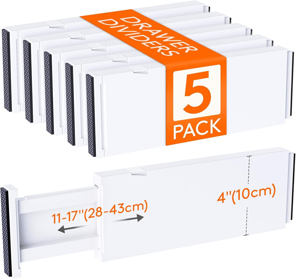 Lifewit 5 Pack Drawer Dividers 4" High, 11-17" Adjustable Dresser Drawer Organizers for Clothes, Expandable Dresser Separators in Bedroom/Bathroom/Kitchen/Vanity/Office Organization and Storage, White