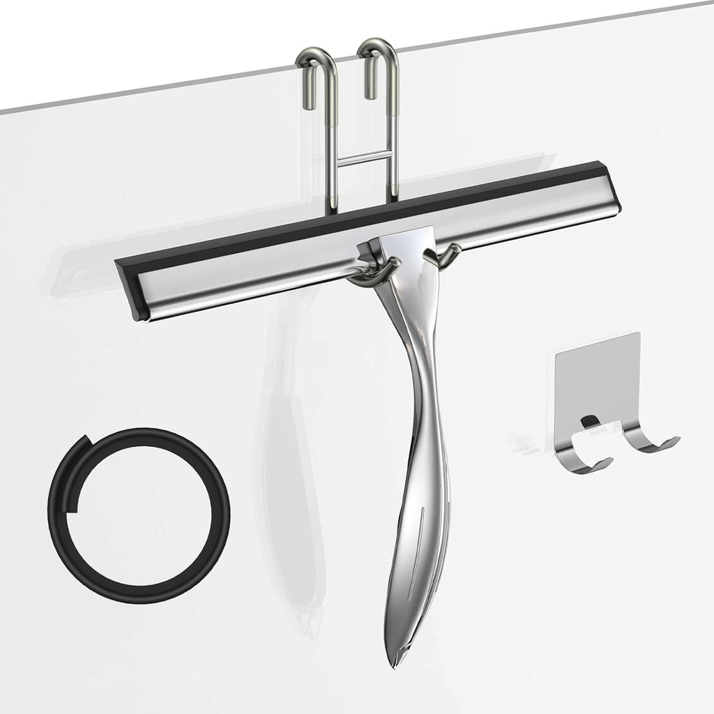 Shower Squeegee Set, 10-Inch Stainless Steel Squeegee for Bathroom, Shower Doors, Mirrors, Tiles, and Car Windows - 100% Streak Free, Includes Shower Door Hook, Adhesive Hook and Spare Silicone Blade