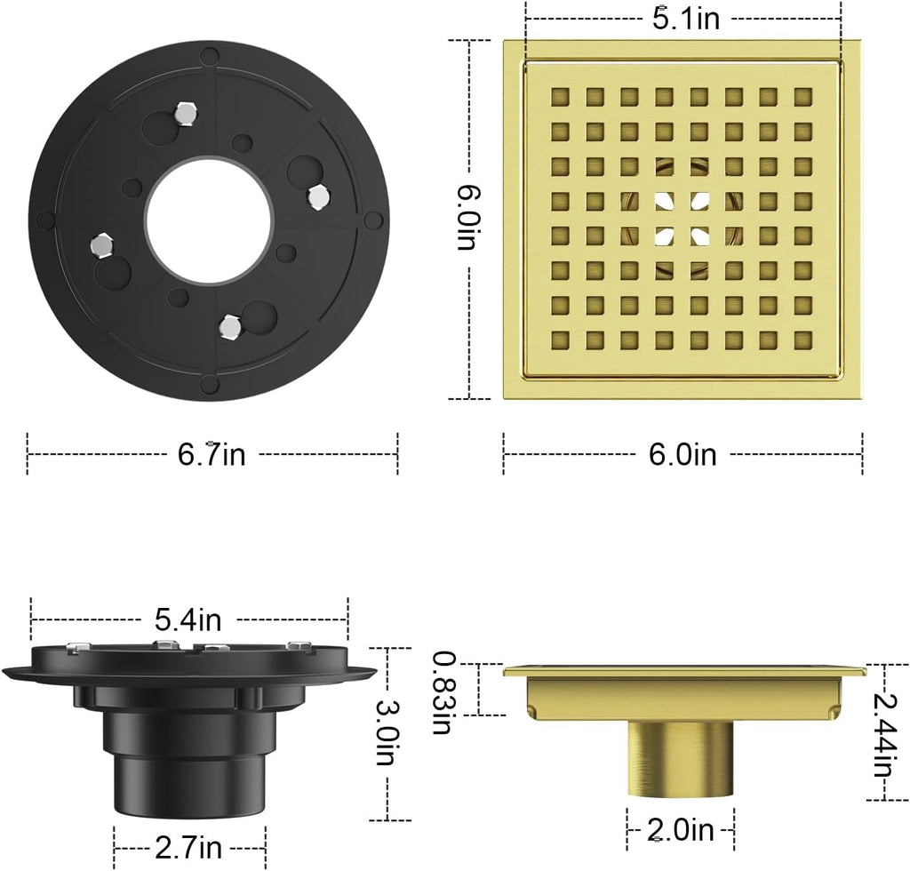 Shower Drain Brushed Gold 6 Inch, Square Floor Drain, Stainless Steel Drain Kit with Flange, Removable Grid Cover, Hair Strainer
