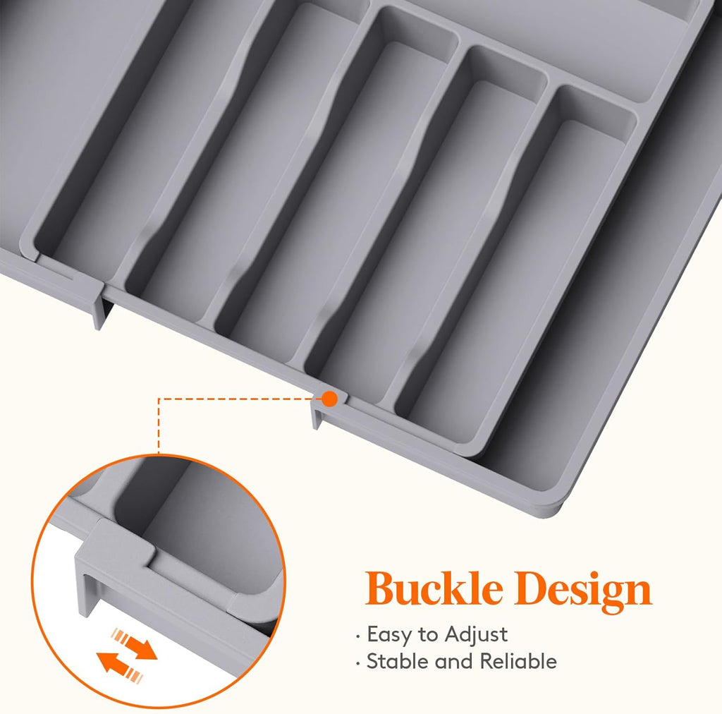 Lifewit Silverware Drawer Organizer and Utensil Organizer Set, Expandable Cooking Cutlery Tray for Kitchen, Adjustable Plastic Flatware Holder Storage Divider for Spoons Forks Knives, Large, Gray