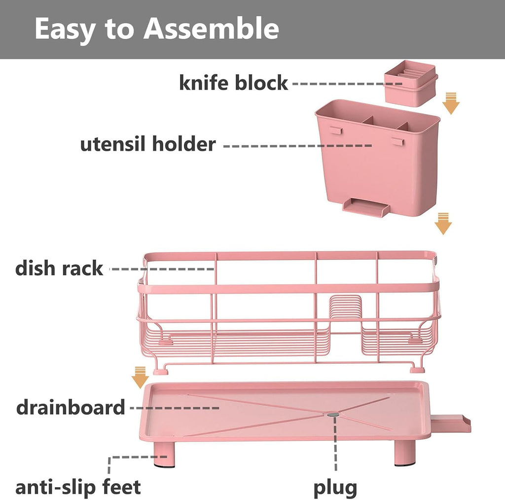 Iron Dish Drying Rack Auto Drain Dish Drainers Kitchen Counter Strainer with Draining Tray, Pink