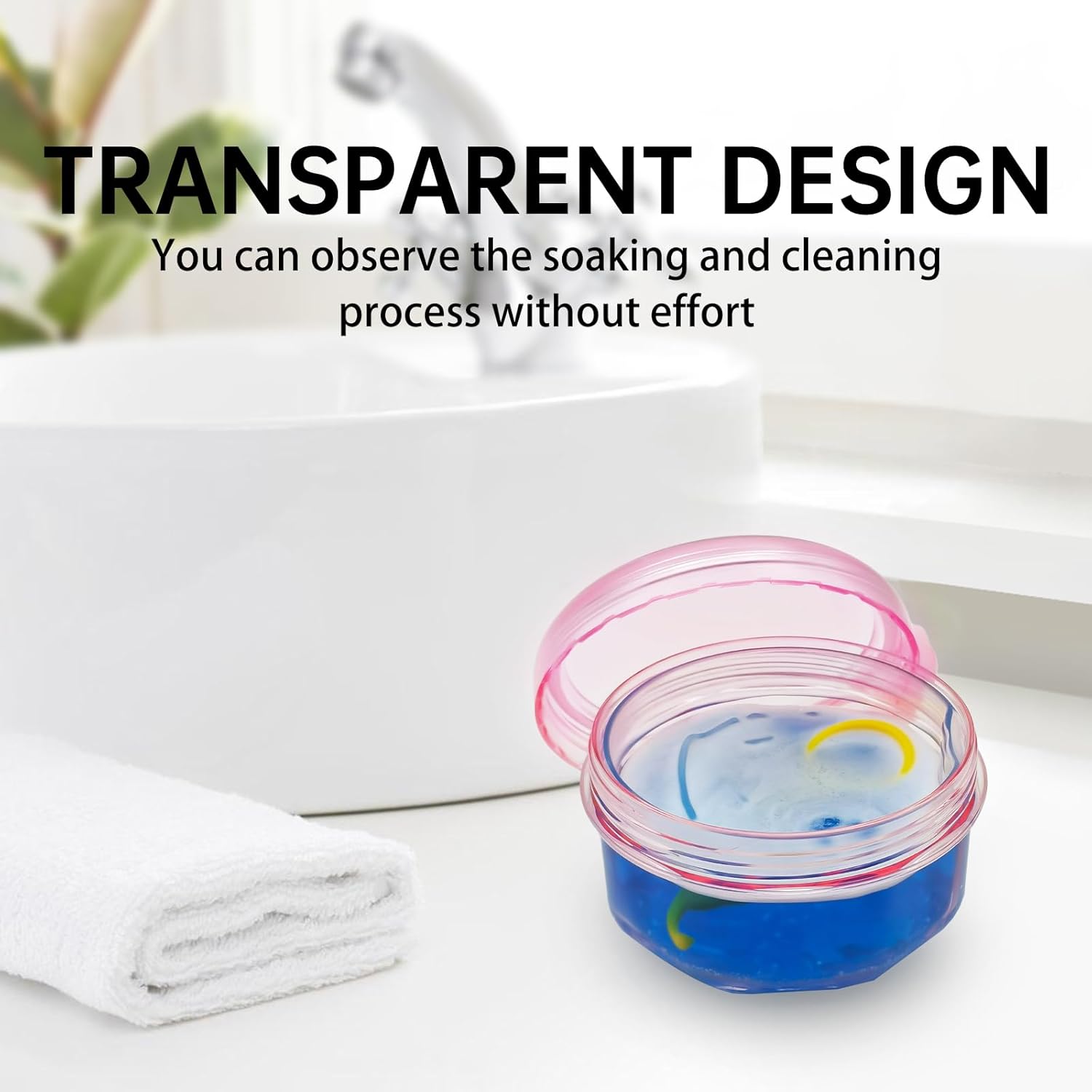Denture Bath Case Denture Cleaning Cup with Lid Leak Proof, False Teeth Holder Mouthguard Storage Box Retainer Soaking Case for TravelHousehold|Office - Transparent Pink