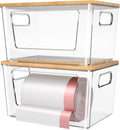 2 Pack Trash Bag Holder with Bamboo Lid, Stackable Trashbag Dispenser, Extra Large Garbage Bag Holder for Kitchen Laundry Room Under Sink Organization and Storage