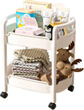 2-Tier Plastic Rolling Utility Cart with Handle Tower Rack Snack Cart with Wheels Multi-Functional Storage Trolley for Kitchen Bathroom Laundry Home Office Living Room Organization, White