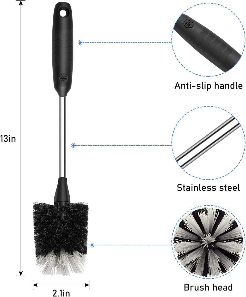 SetSail Bottle Brush of 3 Pack, 13-in Long Stainless Steel Handle Water Bottle Cleaner Brush Non-Slip Grip Bottle Brushes for Cleaning Water Bottles Sport Bottles Coffee Mugs Glasswares Cups, Black