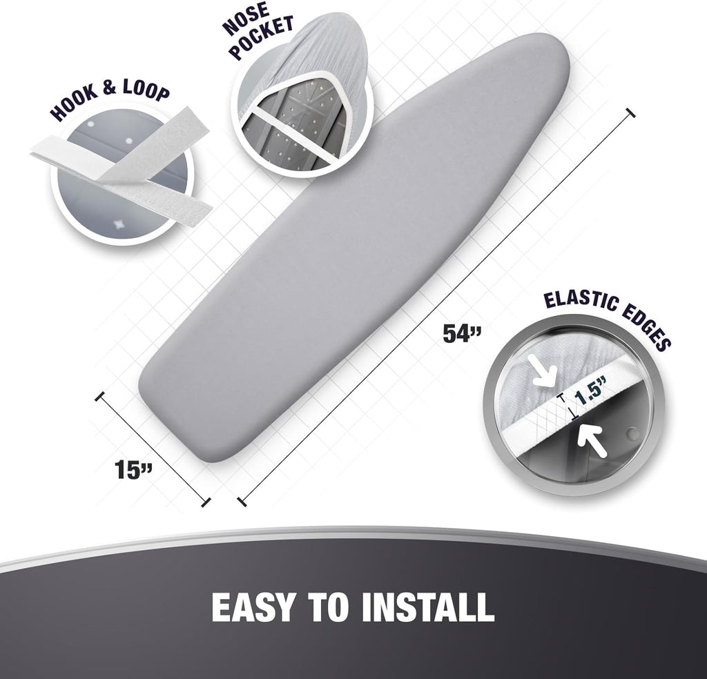 Extra Thick Ironing Board Covers with Pad Standard Size 15x54, Heat Reflective Full Scorch Resistant Padding, Snug Fit Non-Slip Nose Pocket Fastener Straps Elastic Edges, Gray