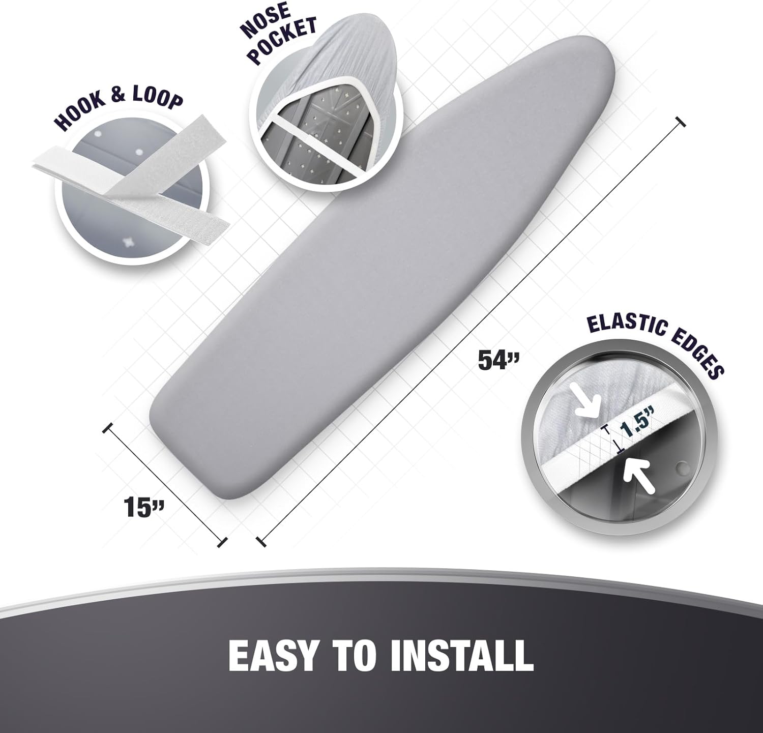 Extra Thick Ironing Board Covers with Pad Standard Size 15x54, Heat Reflective Full Scorch Resistant Padding, Snug Fit Non-Slip Nose Pocket Fastener Straps Elastic Edges, Gray
