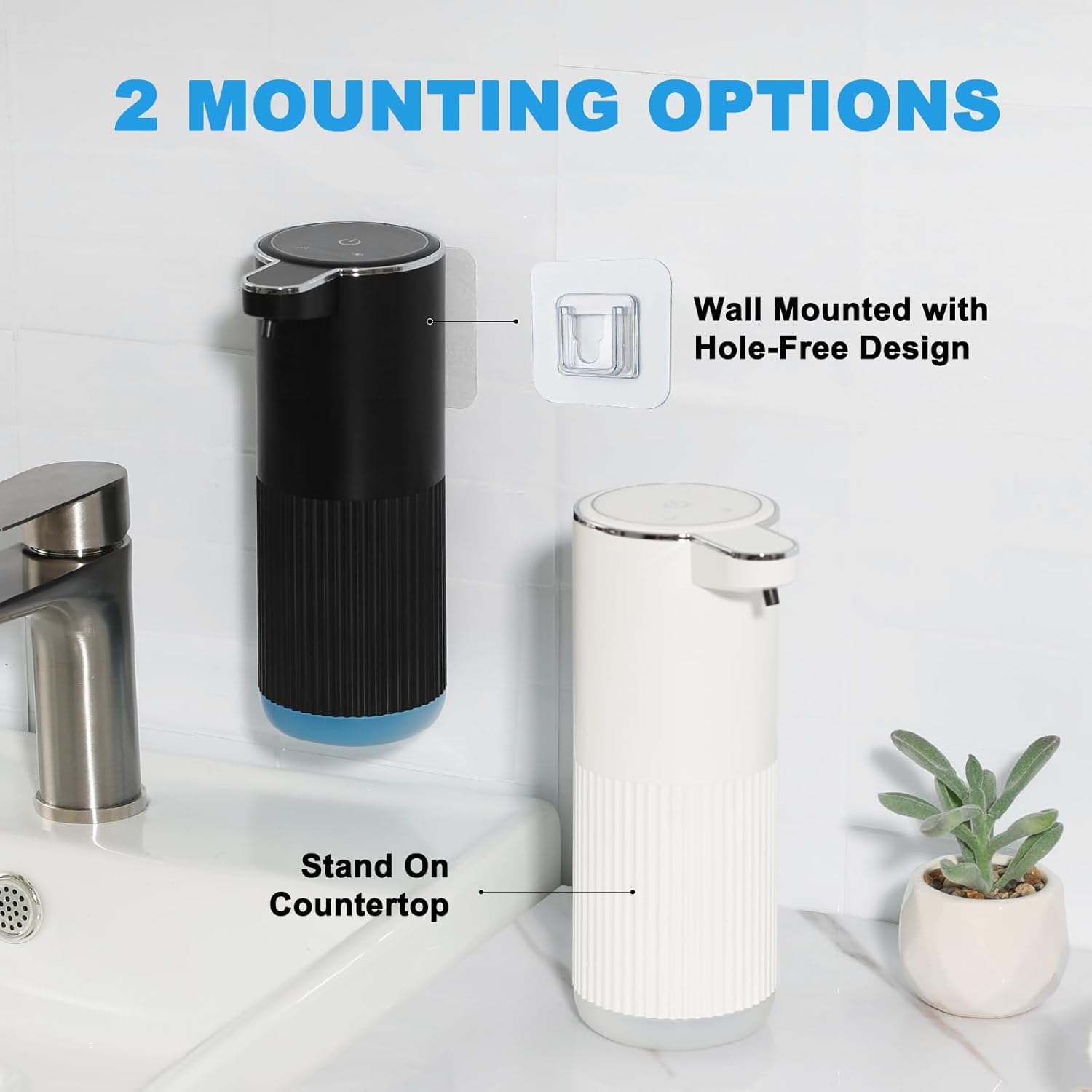 Automatic Soap Dispenser, 2 Pack Black and White Touchless Liquid Soap Dispensers for Bathroom, 13.5 Fl Oz Plastic Electric Auto Dish Soap Dispenser Wall Mount for Kithcen