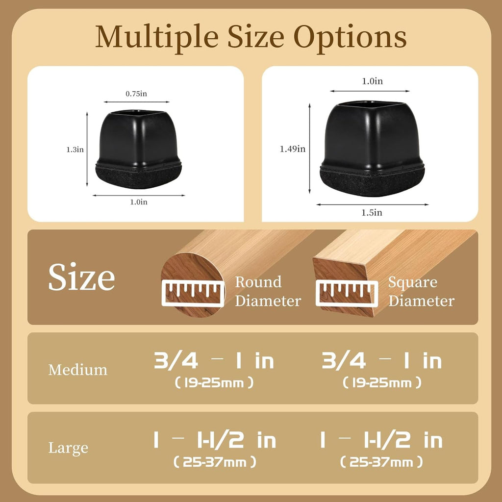 Square Chair Leg Floor Protectors Medium 24Pcs,Silicone Chair Leg Protectors for Hardwood Floors/Tiles,Black 360°Wrapped Felt Bottom to Prevent Scratch and Reduce Noise