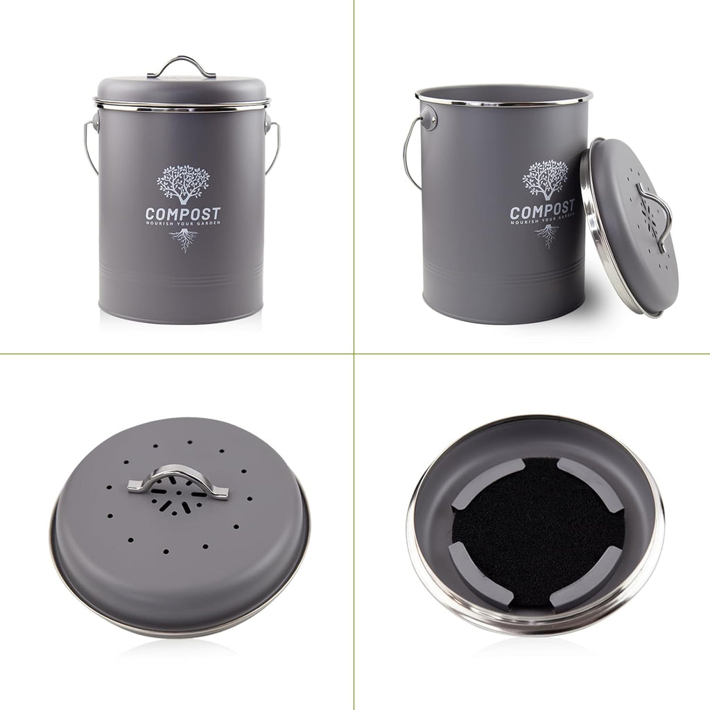 Kitchen Countertop Compost Bin, Odor Resistant Indoor Compost Bin with Lid and Charcoal Filter, Rust Resistant Coated Compost Bucket, Compost Container, Gray