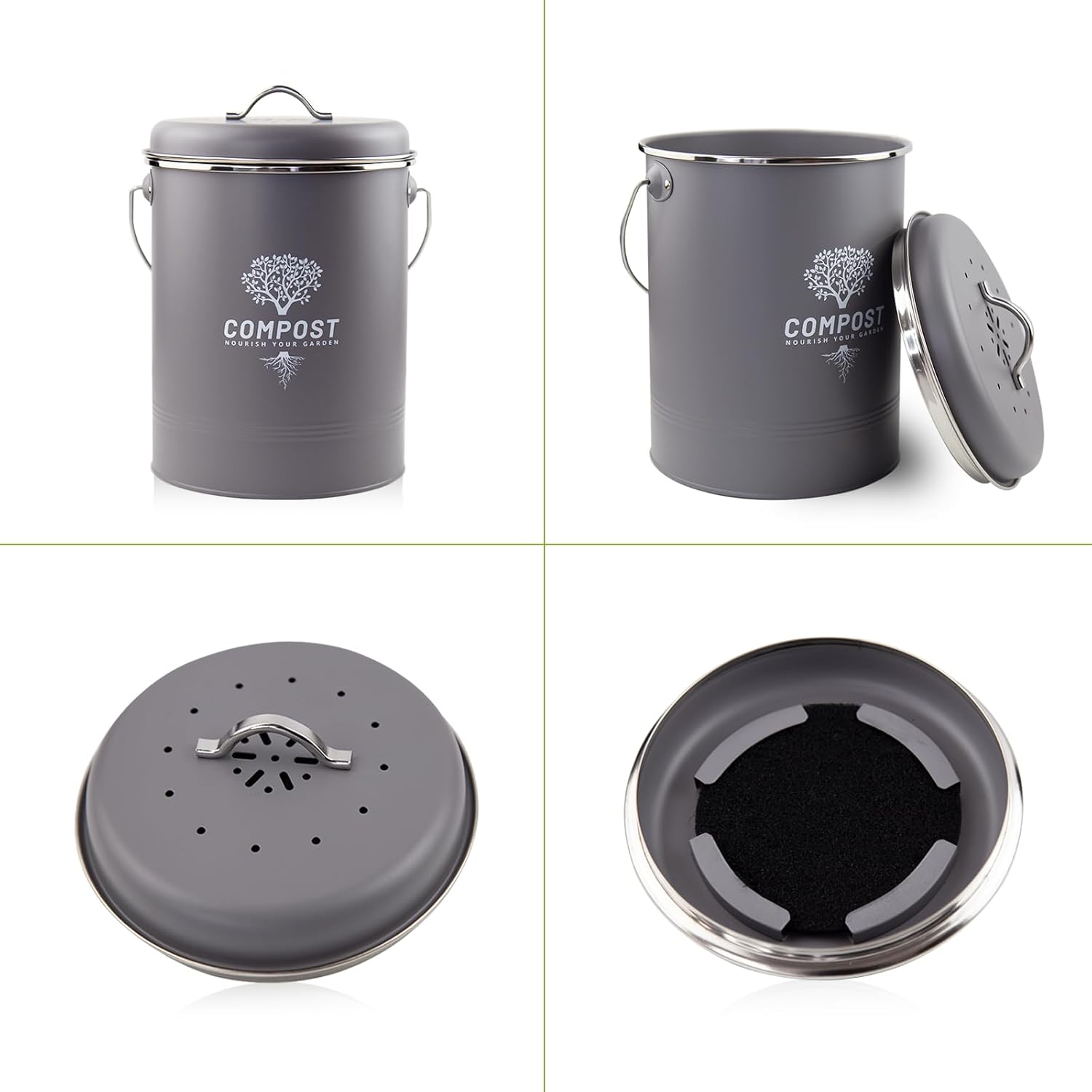 Kitchen Countertop Compost Bin, Odor Resistant Indoor Compost Bin with Lid and Charcoal Filter, Rust Resistant Coated Compost Bucket, Compost Container, Gray