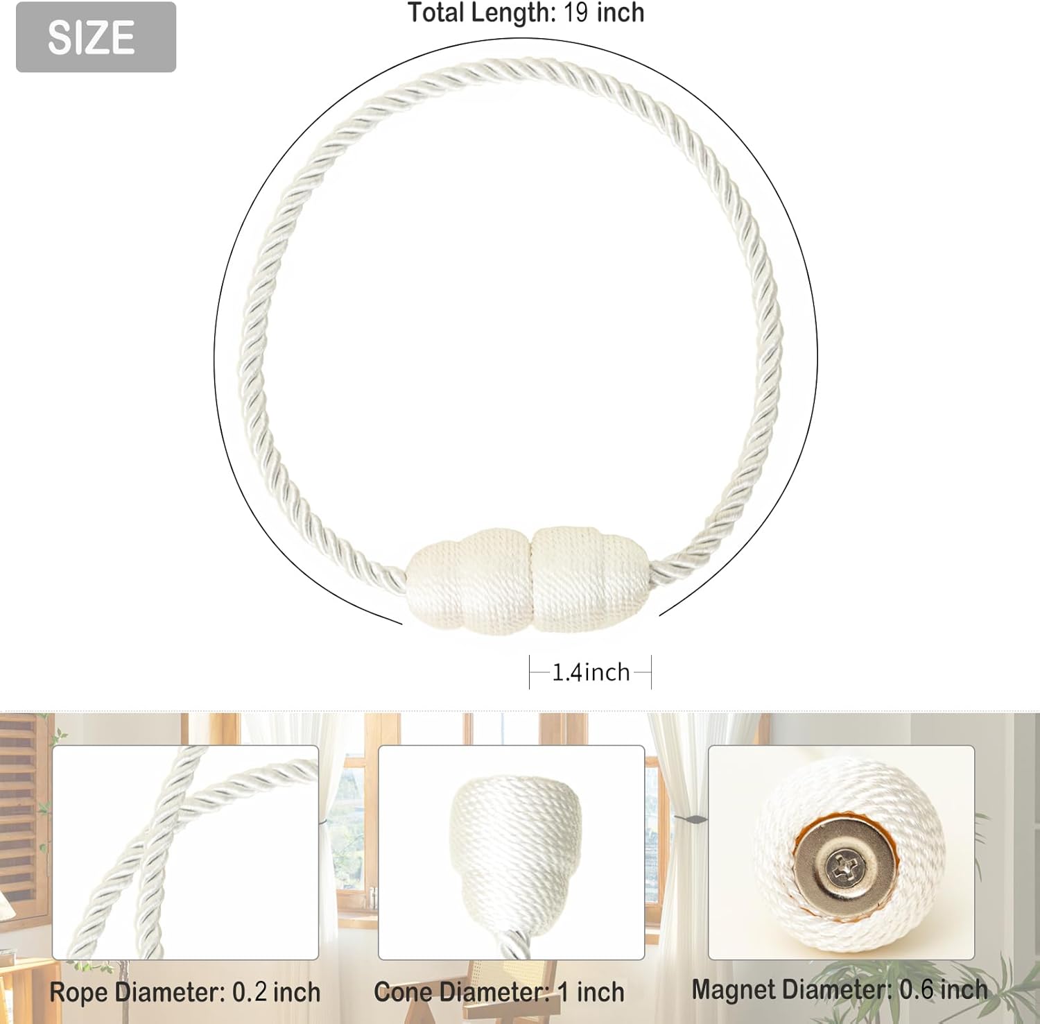 Magnetic Curtain Tiebacks Rope Curtain Tie Backs for Curtains 4 Pack Curtain Holders for Drapes Decorative Window Curtain Holdbacks, White