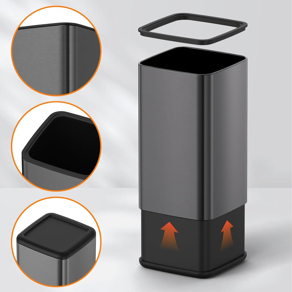 Mbillion 2.4 Gal (9L) Stainless Steel Open - Top Trash Can with Removable Inner Bucket - Sleek Metal Small Waste Basket for Bathroom Office,Brushed Black