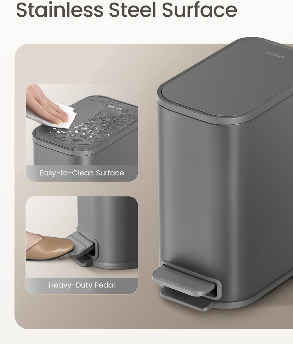Cesun Small Bathroom Trash Can with Lid Soft Close, Step Pedal, 5 Liter / 1.3 Gallon Stainless Steel Garbage Can with Removable Inner Bucket, Waste Basket for Bathroom, Bedroom (Gray)