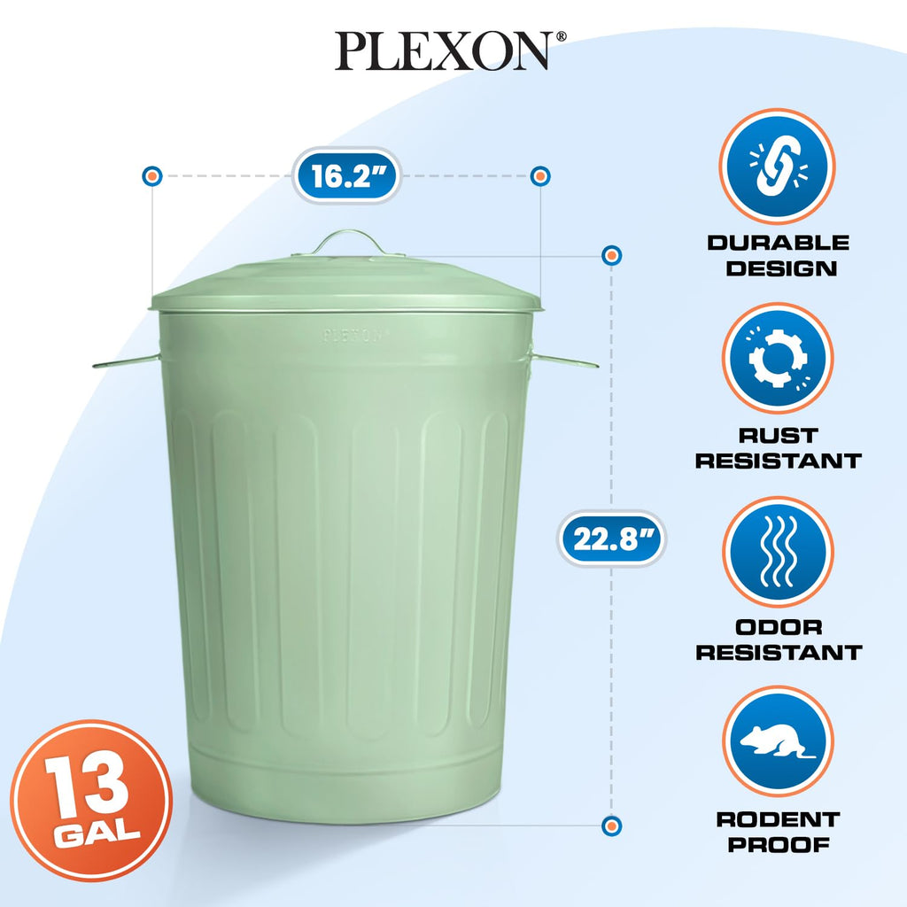Plexon Round Trash Can 13 Gallon, Vintage Metal Outdoor Trash Can with Lid, Retro Farmhouse Garbage Container, Old School Modern Ash Bucket, Green