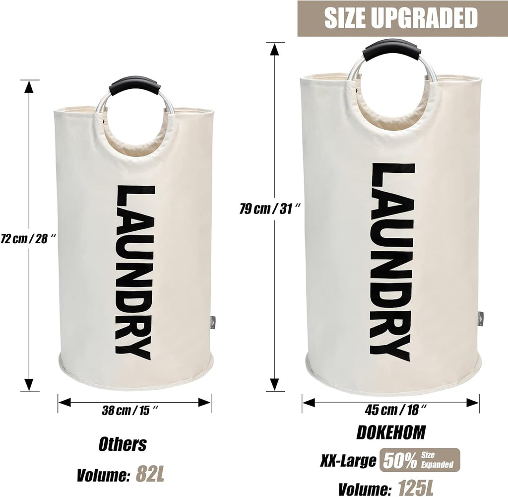 DOKEHOM 125L X-Large Laundry Basket, Collapsible Laundry Bag, Freestanding Tall Clothes Hamper, Foldable Washing Bin (Beige)